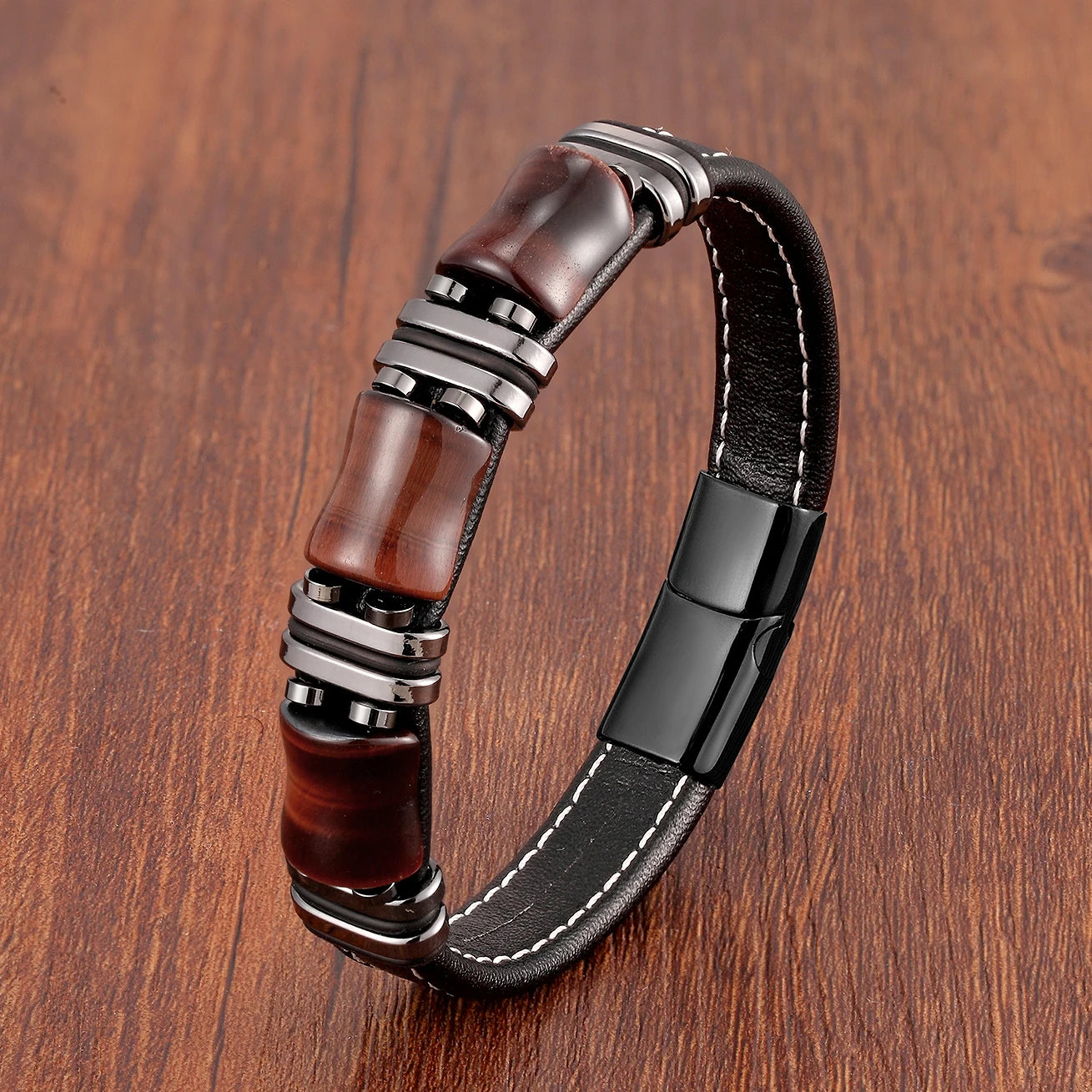 Tiger Eye Leather Bracelet with Natural Stones and Stainless Steel Details