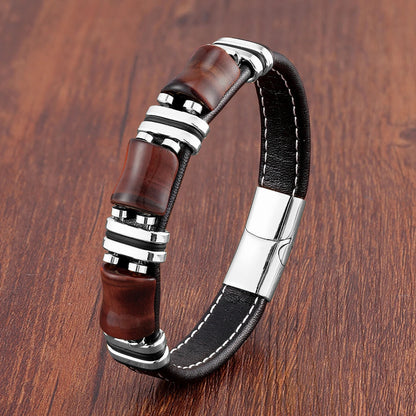 Tiger Eye Leather Bracelet with Natural Stones and Stainless Steel Details