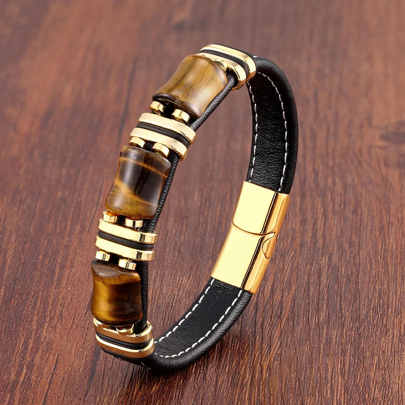 Tiger Eye Leather Bracelet with Natural Stones and Stainless Steel Details