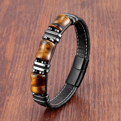 Tiger Eye Leather Bracelet with Natural Stones and Stainless Steel Details