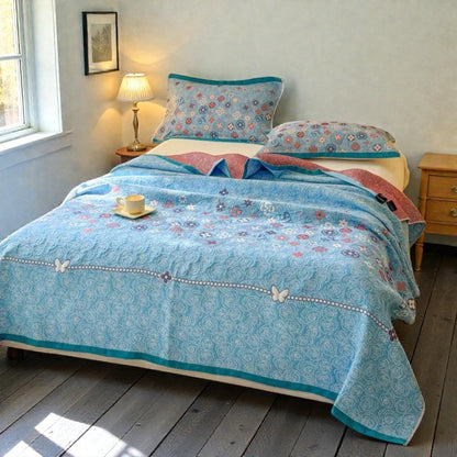 Serene Blossom Cotton Throw Blanket in Aqua
