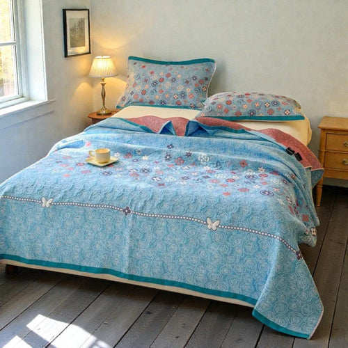 Serene Blossom Cotton Throw Blanket in Aqua