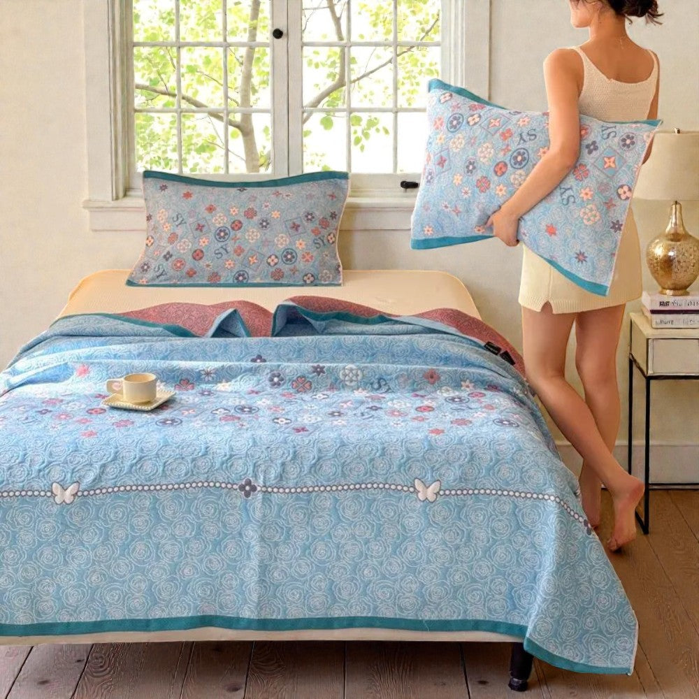 Serene Blossom Cotton Throw Blanket in Aqua