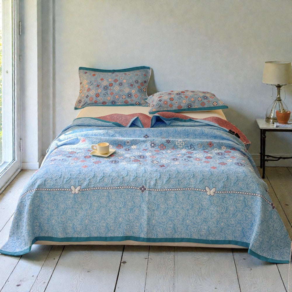 Serene Blossom Cotton Throw Blanket in Aqua