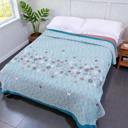Serene Blossom Cotton Throw Blanket in Aqua