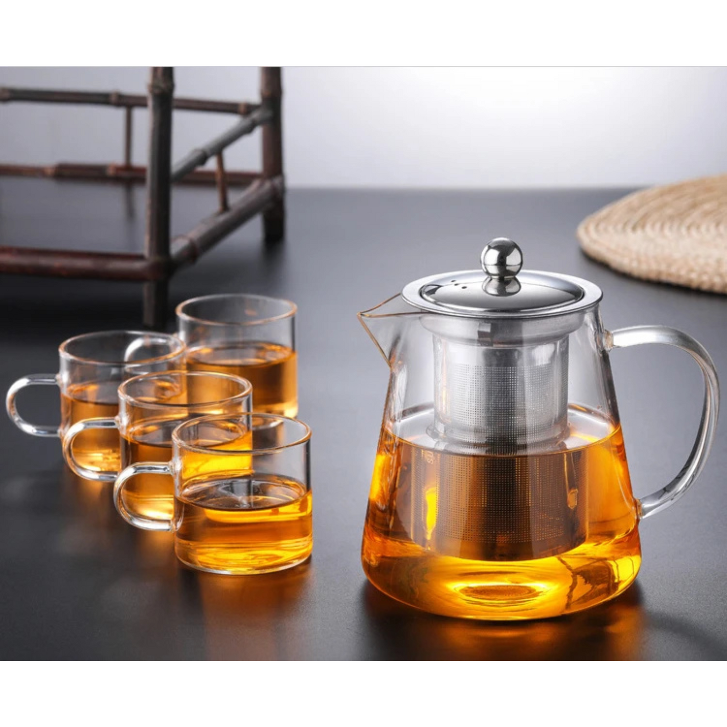 Hand Blown Glass Tea Pot with Stainless Steel Filter & Heat Resistant