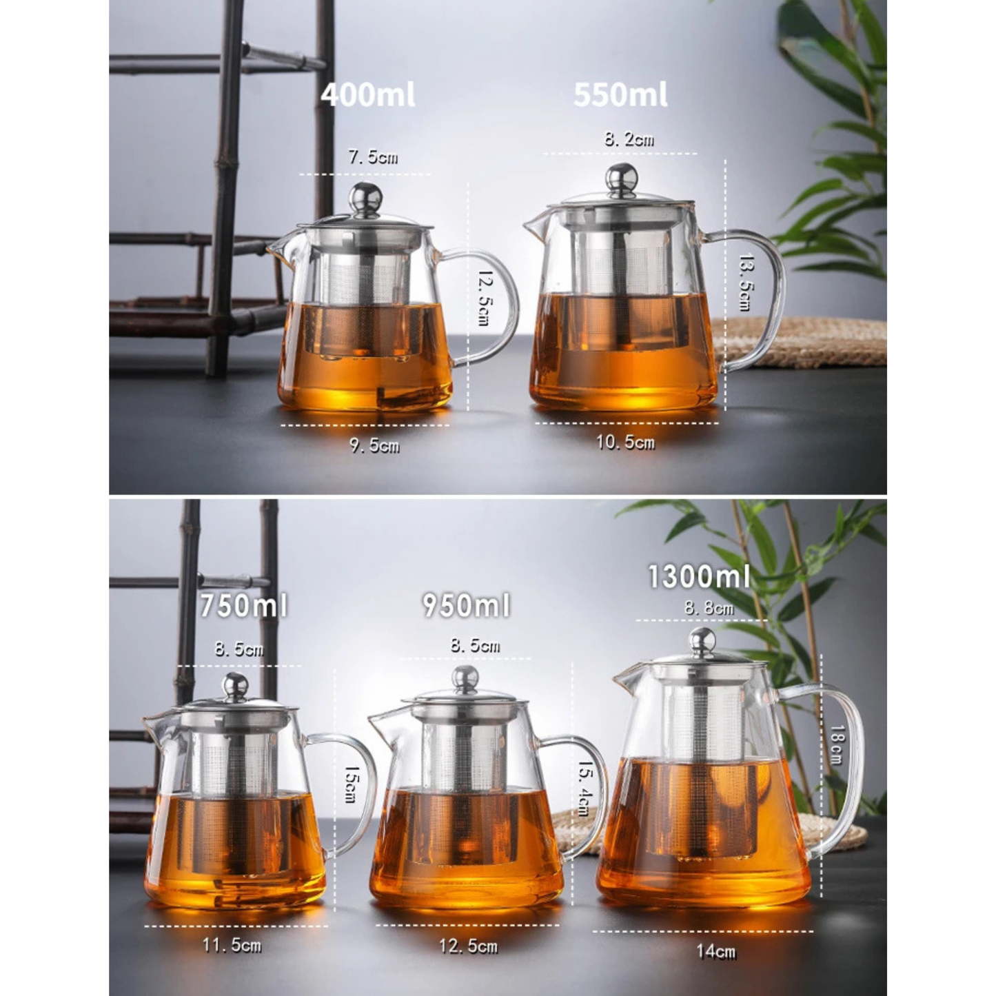 Hand Blown Glass Tea Pot with Stainless Steel Filter & Heat Resistant