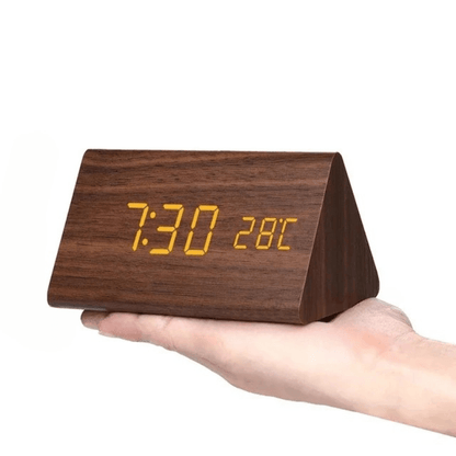 Natural Wood Digital Desk Clock with LED Display and Alarm Feature
