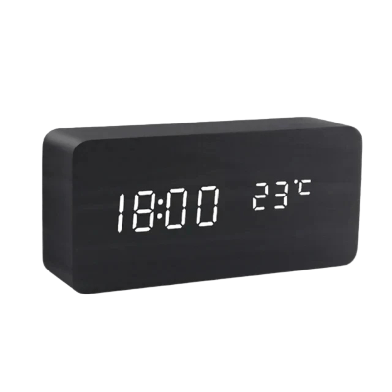 Natural Wood Digital Desk Clock with LED Display and Alarm Feature