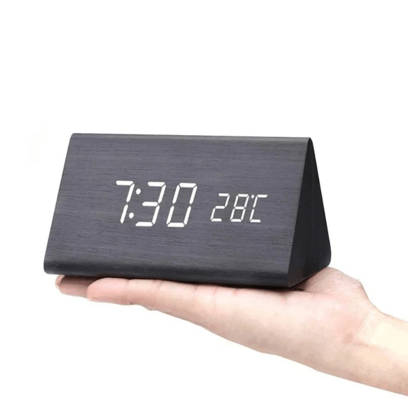 Natural Wood Digital Desk Clock with LED Display and Alarm Feature