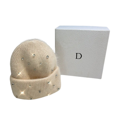 Winter Wool Beanie Hat with Sparkling Rhinestones