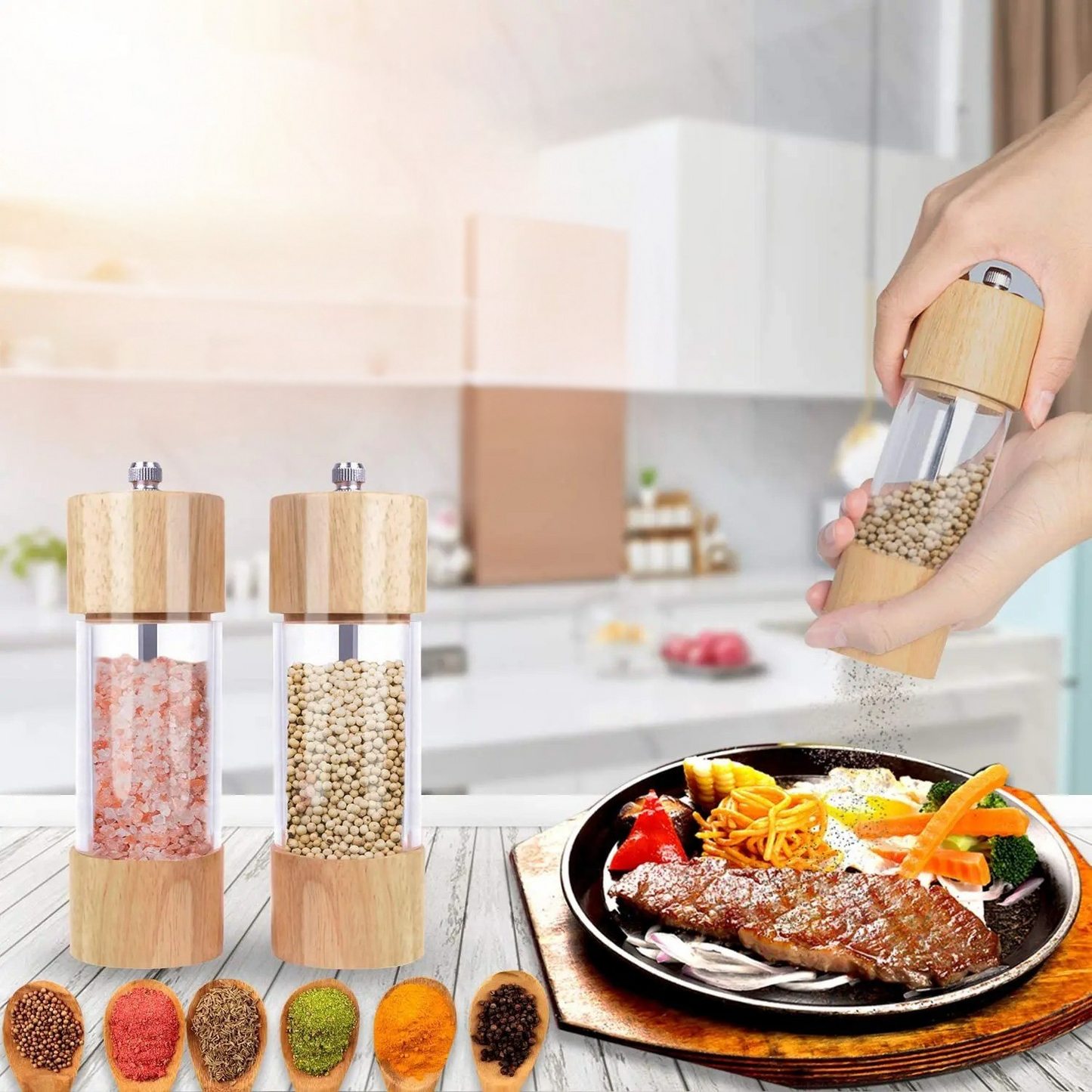 Spice Mill Set with Precision Ceramic Grinder - Natural Wood
