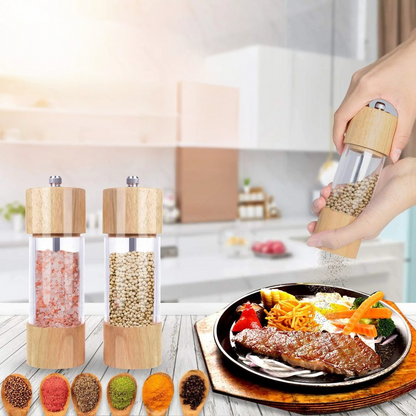 Spice Mill Set with Precision Ceramic Grinder - Natural Wood