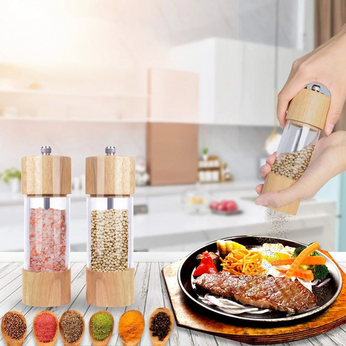 Spice Mill Set with Precision Ceramic Grinder - Natural Wood