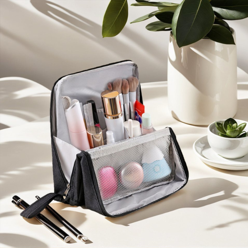 Compact Travel Makeup Organizer with Brush Holder | Waterproof & Leakproof