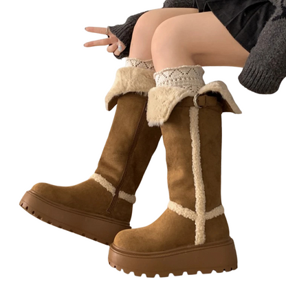 Fur Lined Long Booties for Women - Vintage Style Winter Snow Flats