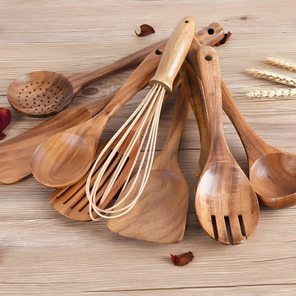 11-Piece Teak Kitchen Utensil Set with Holder – Natural Finish