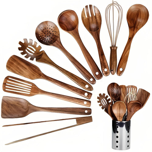 11-Piece Teak Kitchen Utensil Set with Holder – Natural Finish