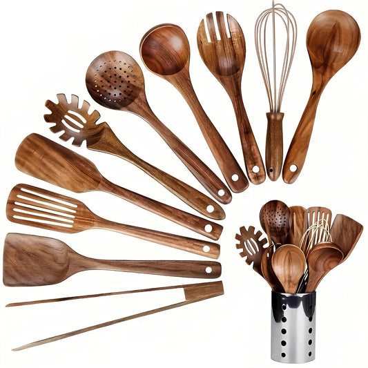 11-Piece Teak Kitchen Utensil Set with Holder – Natural Finish