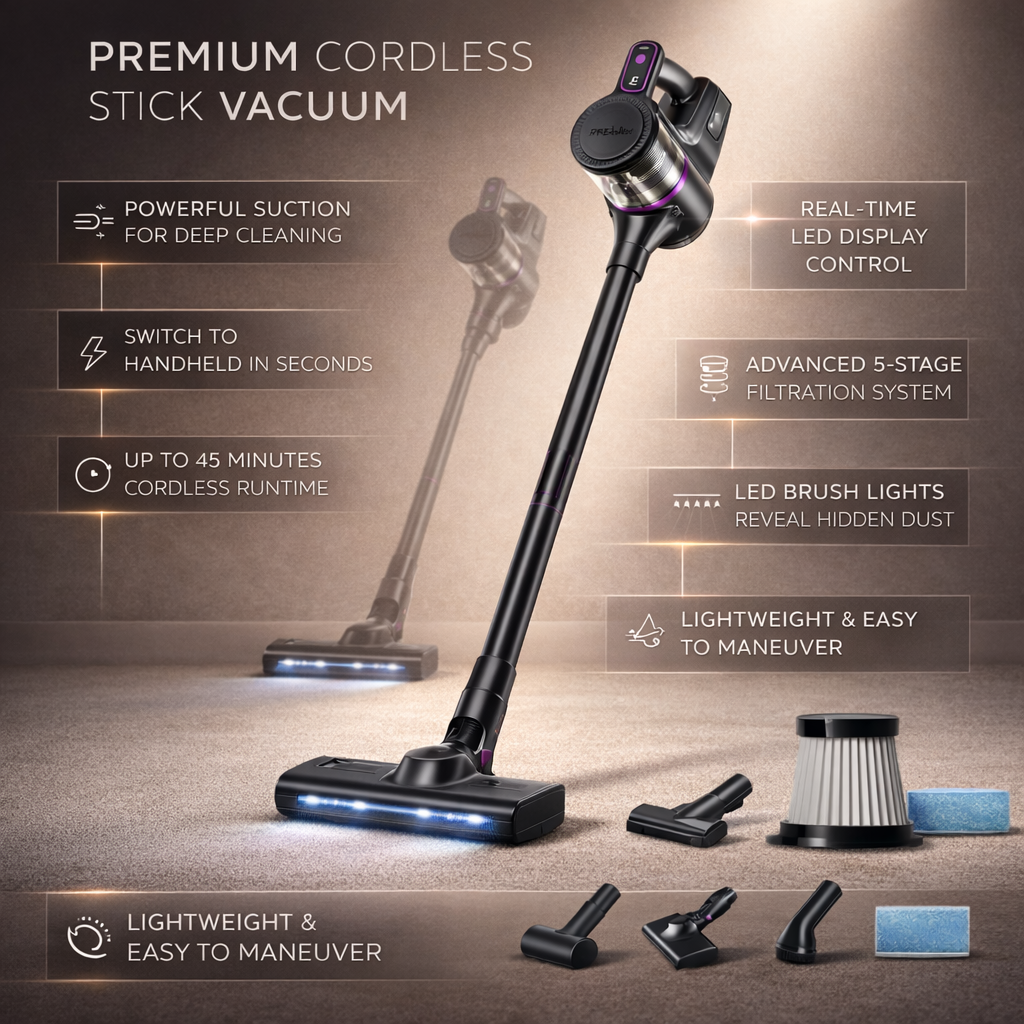Lightweight 2-in-1 Cordless Vacuum with Rechargeable Handheld and LED Display