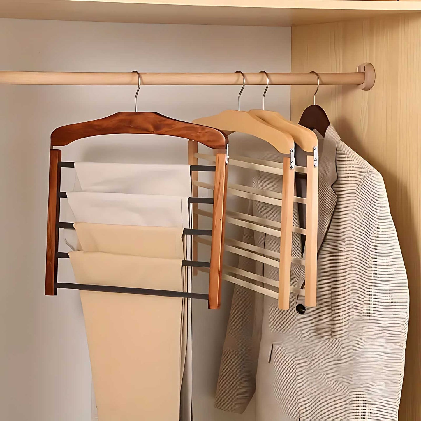 Multi-Tier Clothing Organizer – Space-Saving Wooden and Metal Hanger