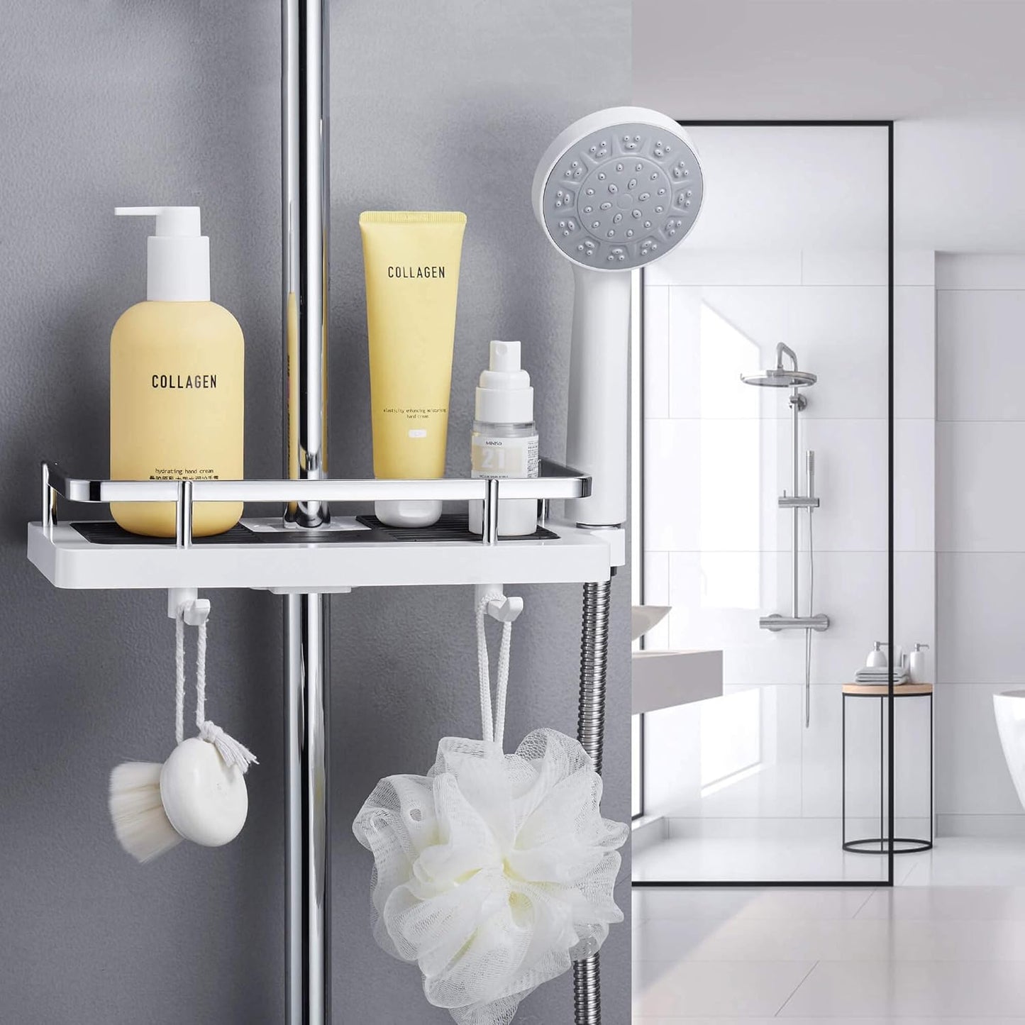 Drill-Free Adjustable Shower Storage Shelf for Bathroom