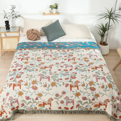Charming Botanical Pattern Cotton Blanket with Tassels