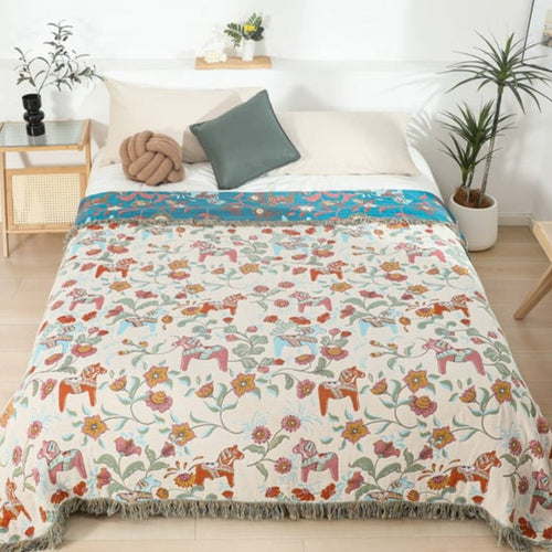 Charming Botanical Pattern Cotton Blanket with Tassels