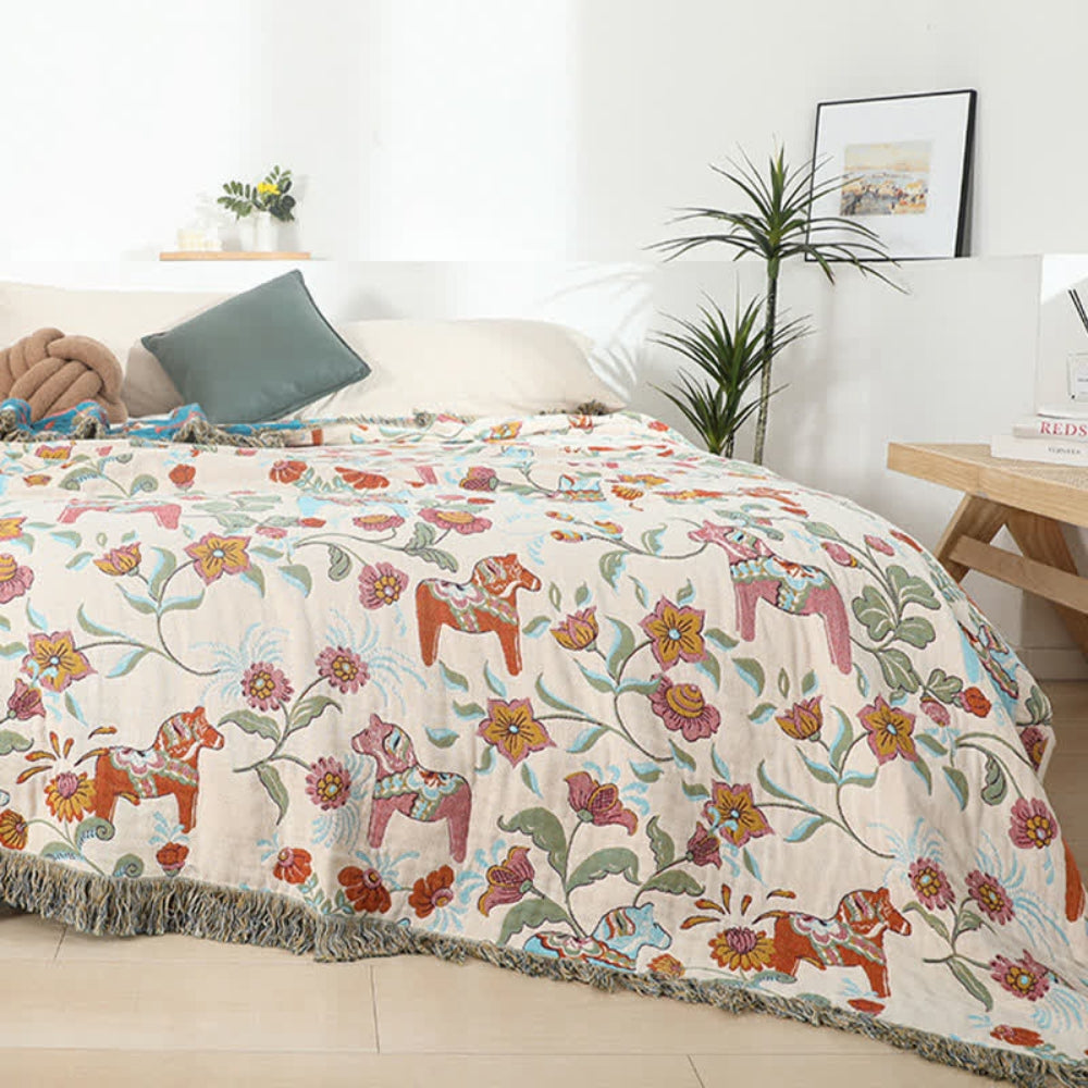 Charming Botanical Pattern Cotton Blanket with Tassels