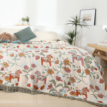 Charming Botanical Pattern Cotton Blanket with Tassels