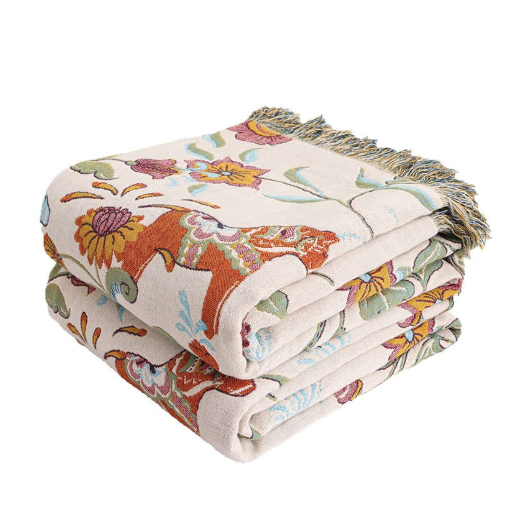 Charming Botanical Pattern Cotton Blanket with Tassels