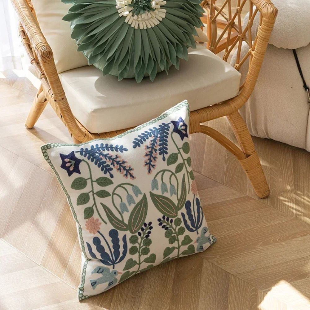 Charming Floral Embroidered Throw Pillow Cover