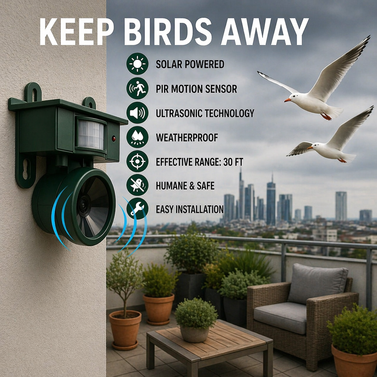 EcoGuard | Solar-Powered Motion Detector | Humane Bird Deterrent