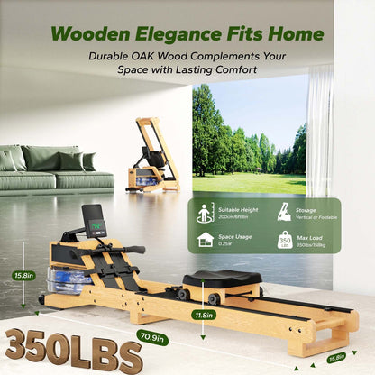 Water Rowing Machine in Oak Wood with 12 Resistance Blades | 350 lb Limit, Bluetooth LCD, 15L Tank & Vertical Storage
