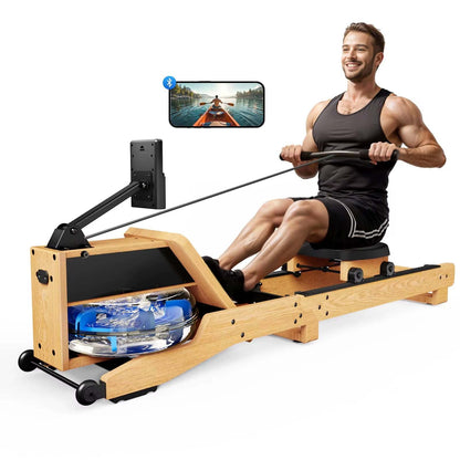 Water Rowing Machine in Oak Wood with 12 Resistance Blades | 350 lb Limit, Bluetooth LCD, 15L Tank & Vertical Storage