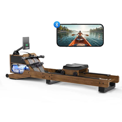Water Rowing Machine in Oak Wood with 12 Resistance Blades | 350 lb Limit, Bluetooth LCD, 15L Tank & Vertical Storage