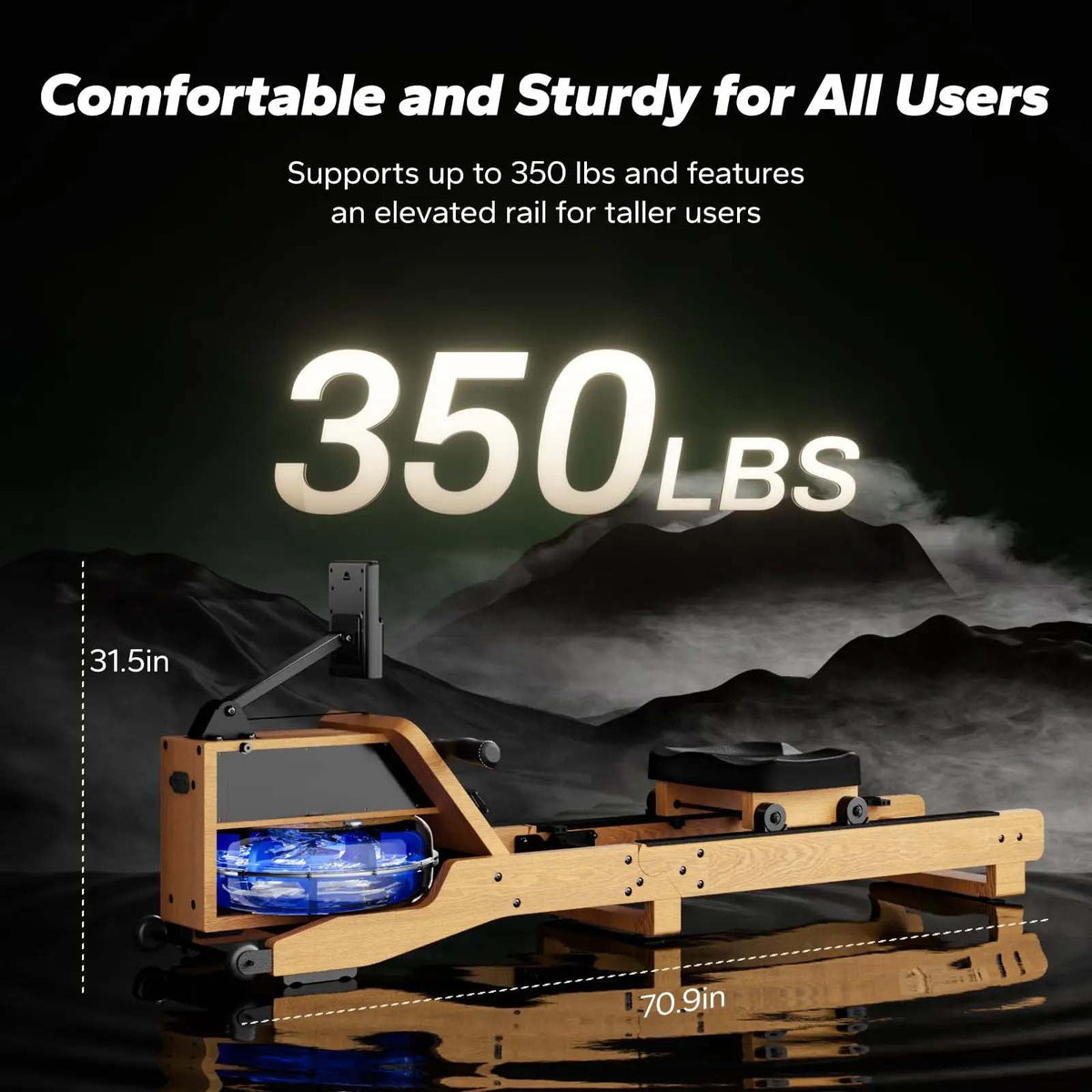 Water Rowing Machine in Oak Wood with 12 Resistance Blades | 350 lb Limit, Bluetooth LCD, 15L Tank & Vertical Storage