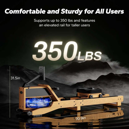 Water Rowing Machine in Oak Wood with 12 Resistance Blades | 350 lb Limit, Bluetooth LCD, 15L Tank & Vertical Storage