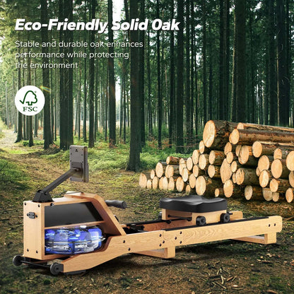 Water Rowing Machine in Oak Wood with 12 Resistance Blades | 350 lb Limit, Bluetooth LCD, 15L Tank & Vertical Storage
