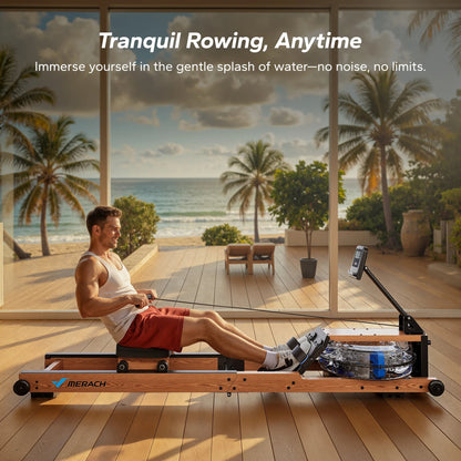Compact Wooden Water Rowing Machine | Bluetooth App, Workout Monitor, 400 lb Capacity