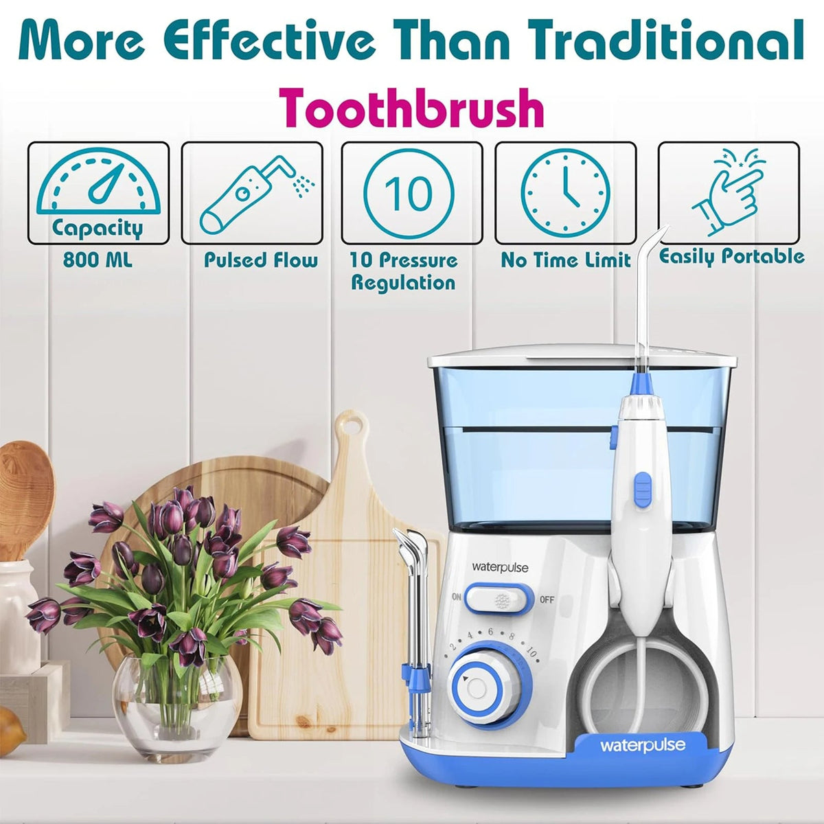 Electric Water Flosser for Gum Health, Braces & Implants – 1800 Pulses/min, 800ml Tank, 5 Tips, Adjustable Pressure