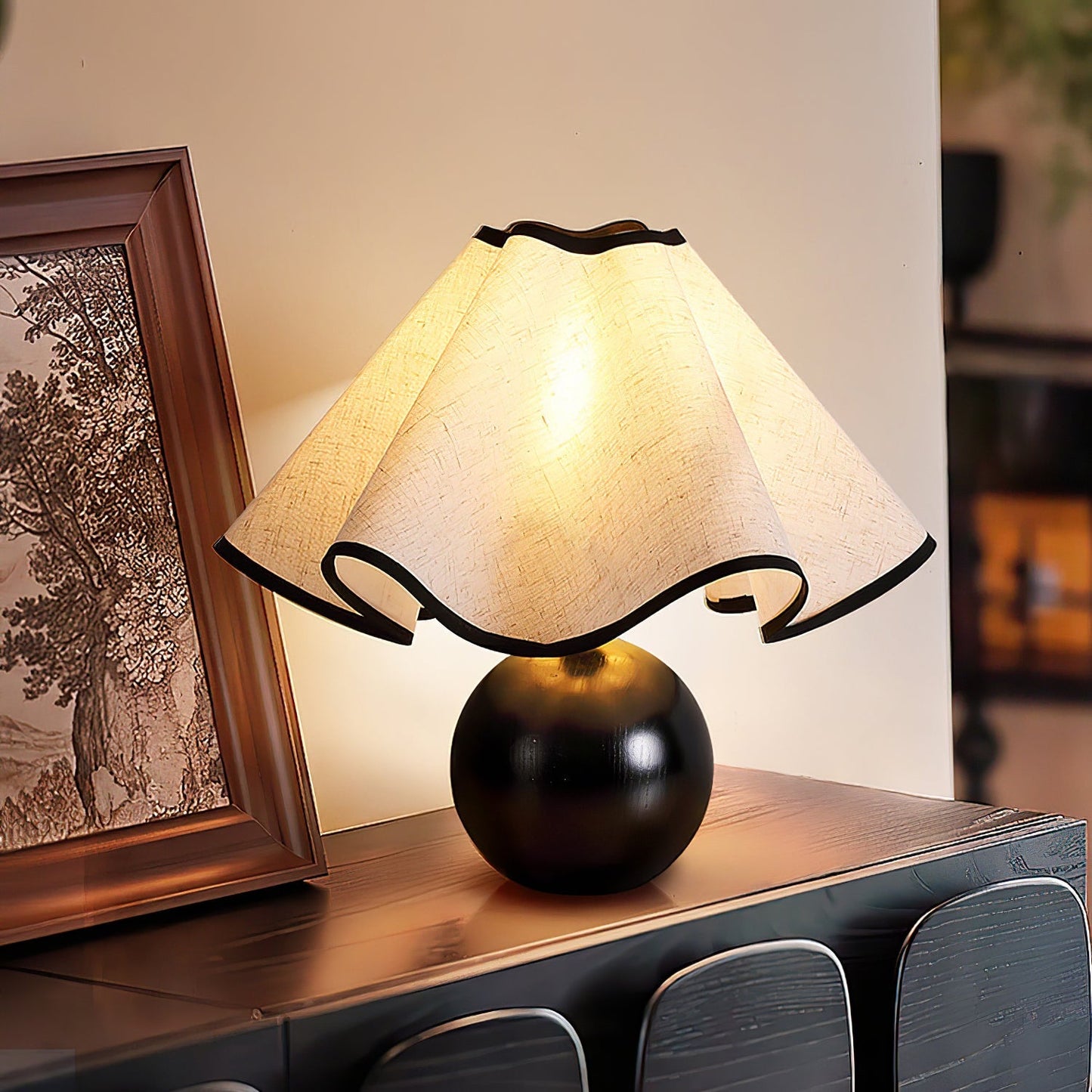 Modern Table Lamp with Fabric Shade in Wave Crest Design