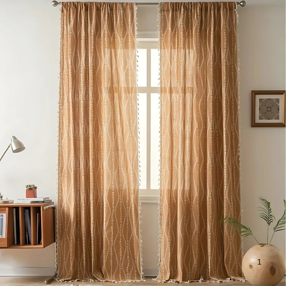 Chic Beige Tassel Curtains with Wheat Design
