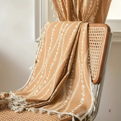 Chic Beige Tassel Curtains with Wheat Design