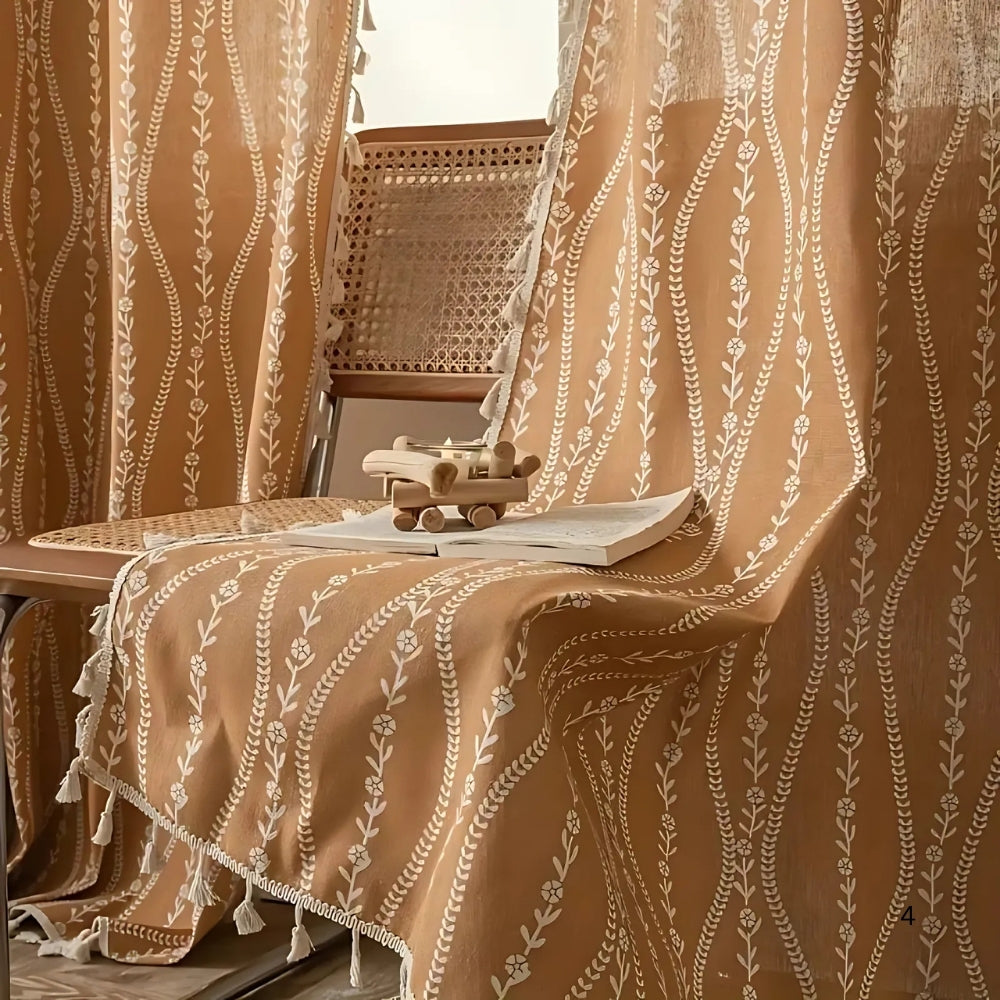 Chic Beige Tassel Curtains with Wheat Design