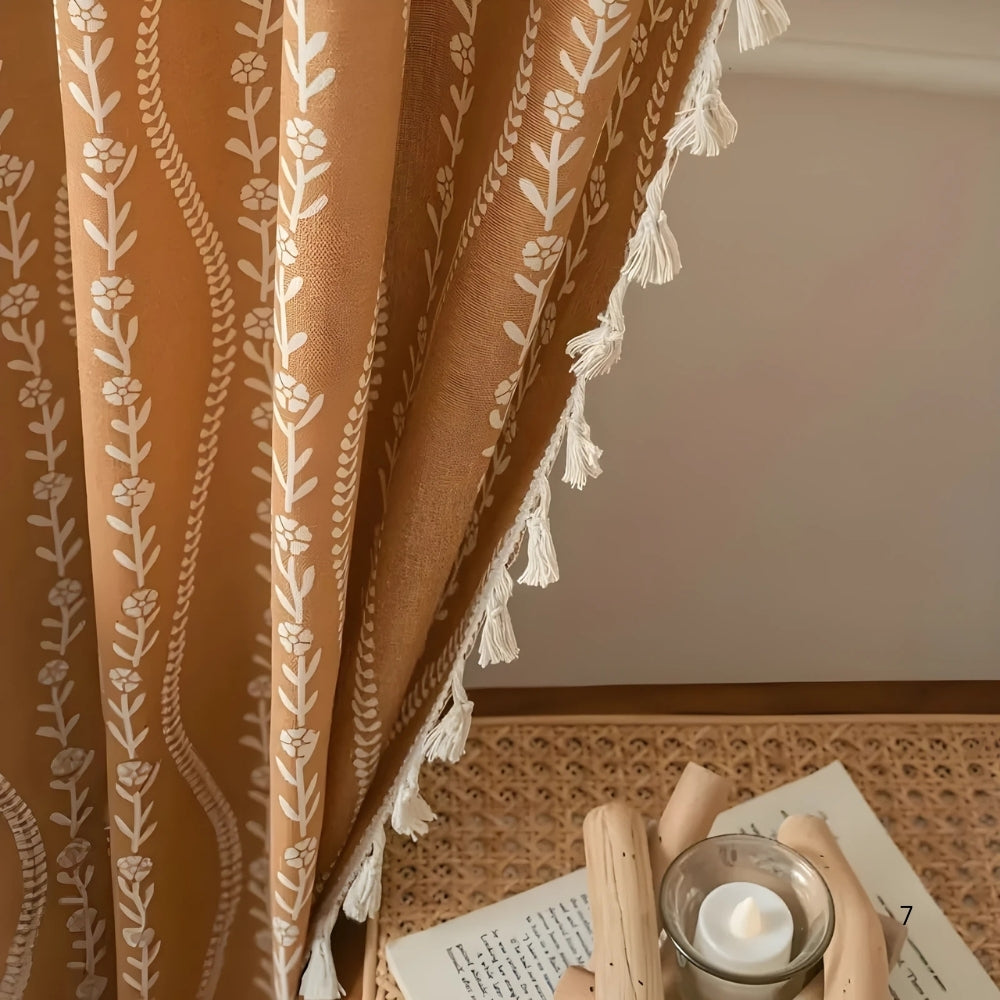 Chic Beige Tassel Curtains with Wheat Design