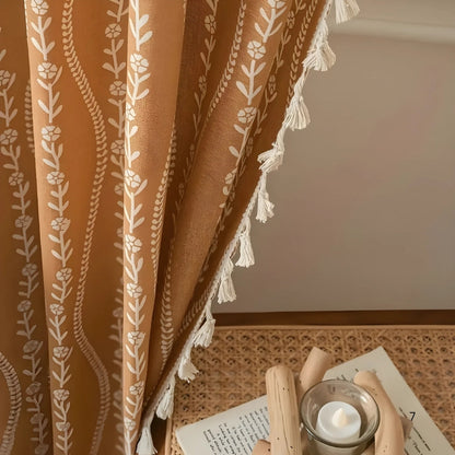 Chic Beige Tassel Curtains with Wheat Design