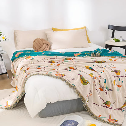 Charming Avian Cotton Throw with Stylish Tassels