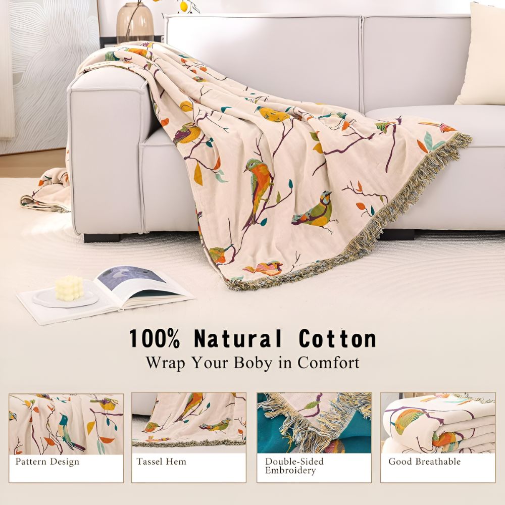 Charming Avian Cotton Throw with Stylish Tassels