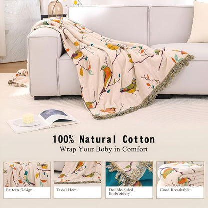 Charming Avian Cotton Throw with Stylish Tassels